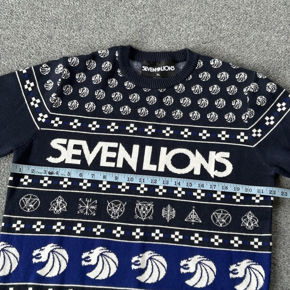 Seven Lions Sweater Mens‎ XL Navy Blue Knit Crewneck Holiday EDM Rave Graphic - Picture 5 of 10